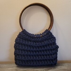 Vintage Handcrafted Navy Blue Macrame Bag with Faux Wood Handles 70s